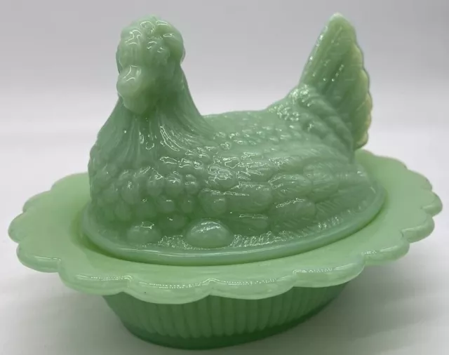 Chicken Hen on Nest Covered Dish - Jade Jadeite Jadite Green Glass - Mosser USA