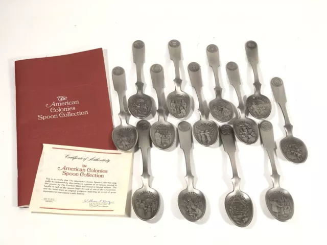 Vintage Franklin Mint 13 Original American Colonies Pewter Spoon Set