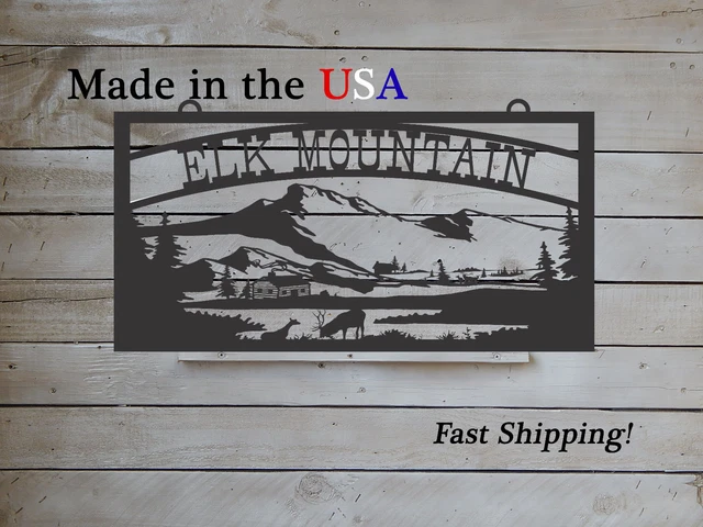 Large Farm, Entrance/Gate Sign, Mountains, Log Cabin, Elk- Personalized, S1304