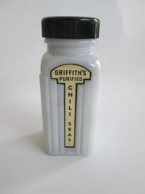 Vintage Griffith's Purified Milk Glass Spice Bottle Jar Black Lid Chili Seas.