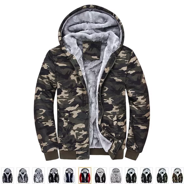 Winter Warm Men's Camouflage Camo Fur Fleece Lined Zip Hoodie Jacket Hooded Coat