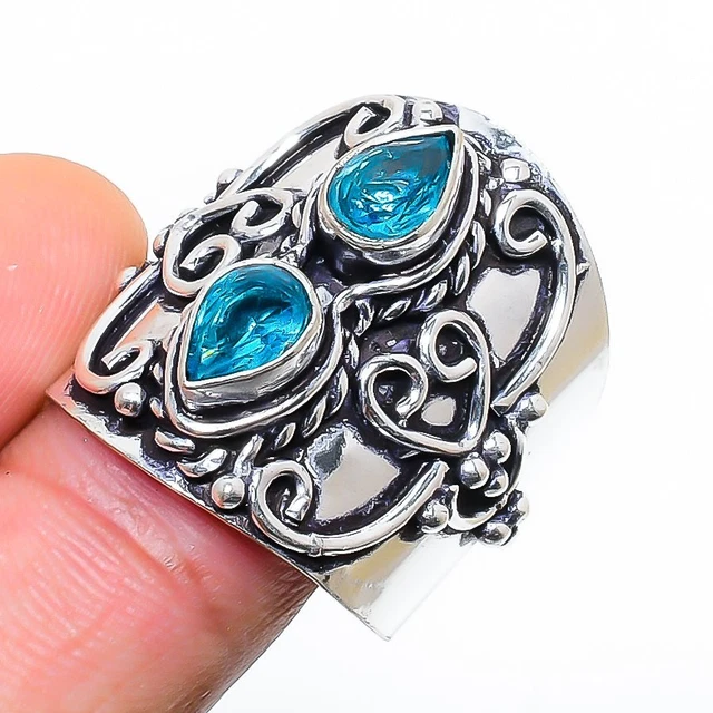 Swiss Blue Topaz Gemstone Handmade Gift Jewelry Ring Size 7.5 C638