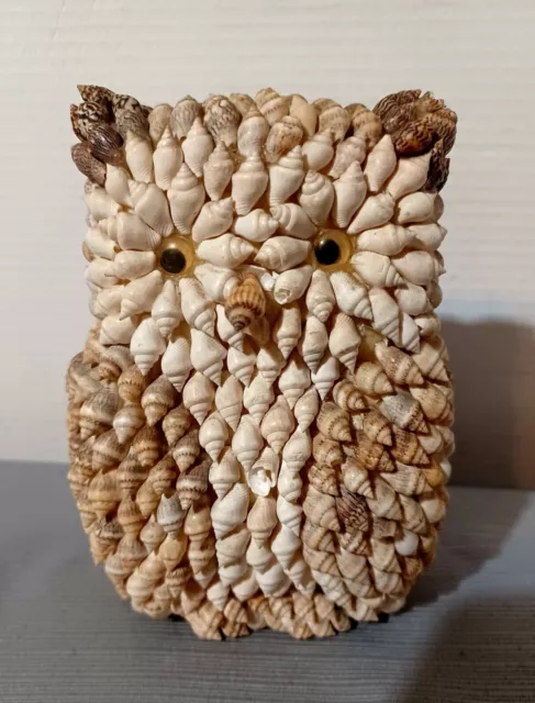 Vintage Sosan Handcrafted Sea Shell Folk Art Owl Statue Figurine Beach Decor 5.5 2