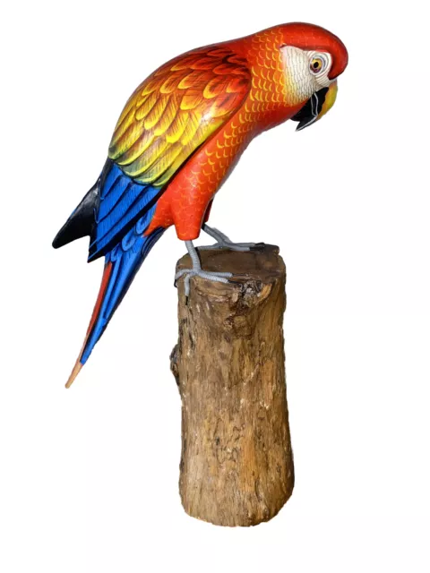 Parrot On Driftwood Base  Hand Carved Wood Tropical Sculpture Bird Decor Tiki