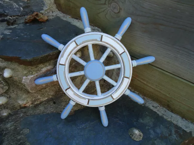 Ships Wheel Shabby Chic Blue & White Wooden Nautical Beach Seaside Boat Sea A1