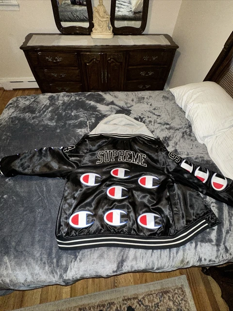 Champion hooded online satin varsity jacket