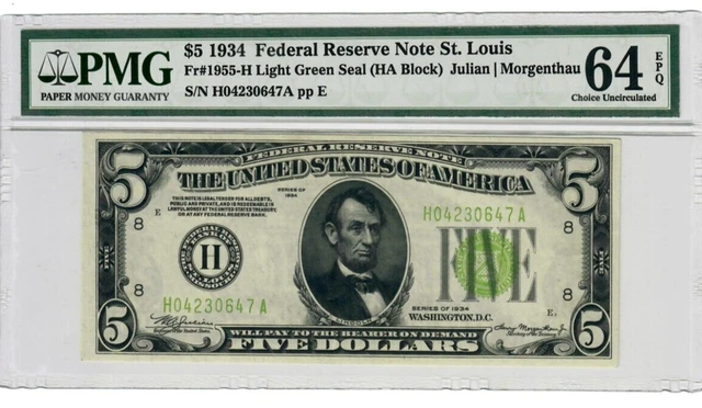 1934 $5 Federal Reserve Note LGS St. Louis Fr#1955-H PMG 64 EPQ