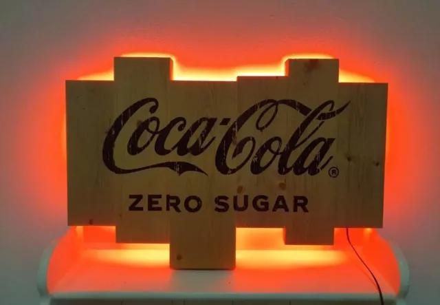 Coca Cola, Zero Sugar, Light Up Red Led, 3D Wooden Wall Sign. Bar, Man Cave. New