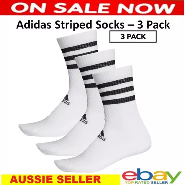 3PK Adidas Mens Womens Stripe Socks White Cushion Gym/Sports Training Crew Sock