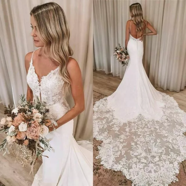 Sexy Mermaid Wedding Dresses Spaghetti Strap Beach Long Train V-neck Backless