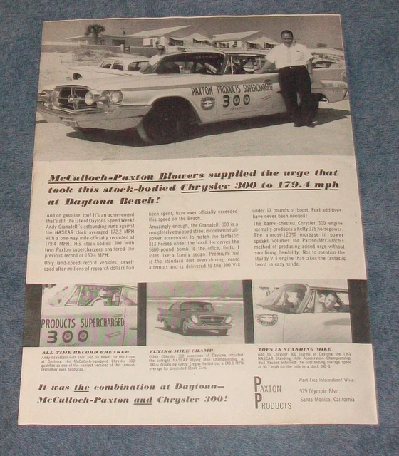 1961 McCulloch-Paxton Superchargers Vintage Ad with Andy Granatelli Chrysler 300