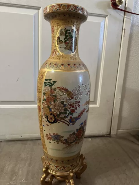 Large Vintage Satsuma Floor Vase W/ Stand