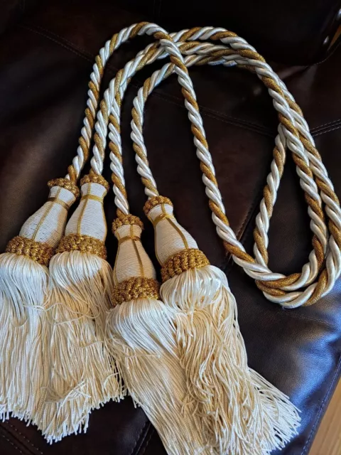  Set of 2 Curtain Drapery Tie Rope Holdbacks Tiebacks Tassels Gold/Cream