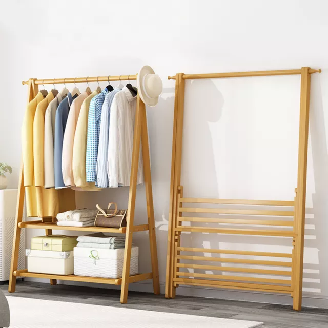 Folding Bamboo Clothes Garment Rack Coat Hanging Stand Open Display StorageShelf