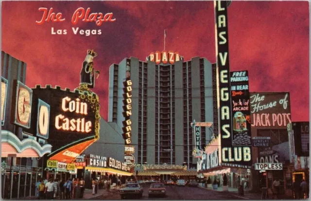 LAS VEGAS Nevada Postcard PLAZA HOTEL & CASINO Fremont Street Scene c1960s