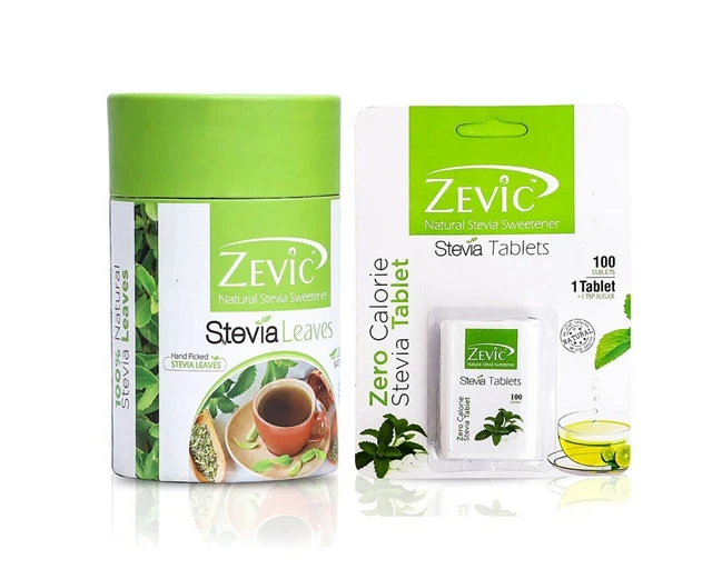 Zevic Stevia Foglie 100gm + Stevia Bianco Tablet Sugarfree Combo Confezione