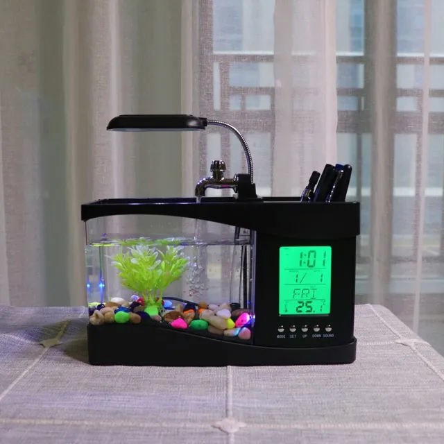 Fish Tank Mini Aquarium Beta Self Cleaning with LED Light LCD Display Screen