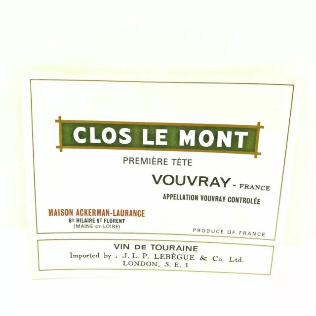 Bottle Label Clos Le Mont Vouvray Wine New Uncirculated 1969 Rare