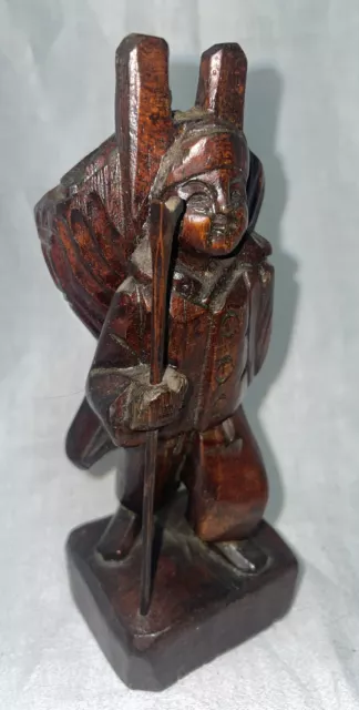Hand Carved Figurine~Seoul Korea~Wooden, Man w/Pack on Back, Walking Stick