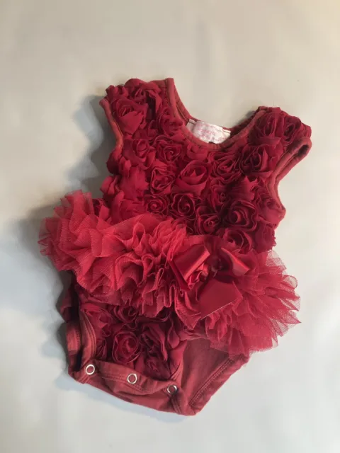 Popatu Ribbon Rosette Flower Bodysuit Red One Piece Tutu Girls Size 3-6 Months