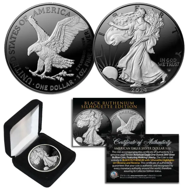 Black RUTHENIUM SILHOUETTE 1 Troy Oz US Mint 2024 American Silver Eagle with Box