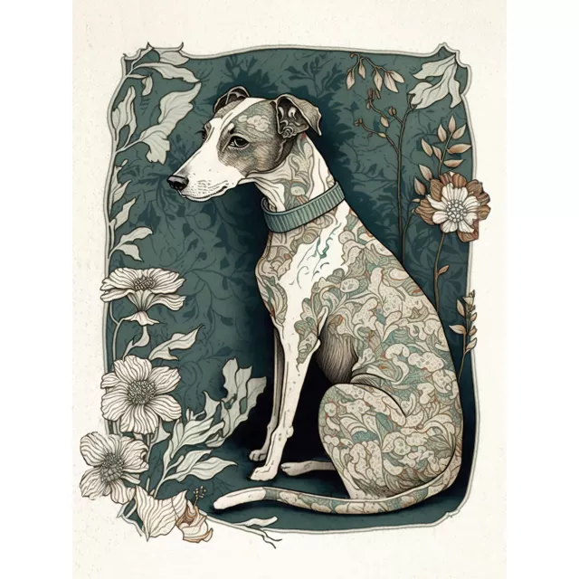 Whippet Dog Floral Pattern Fur Art Nouveau XL Wall Art Canvas Poster Print Huge