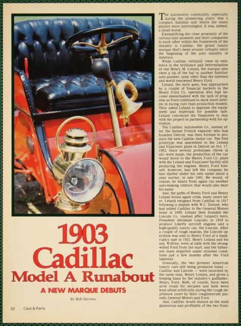 Cadillac 1903 Model A Runabout History Story Vintage Pictorial Article 1985