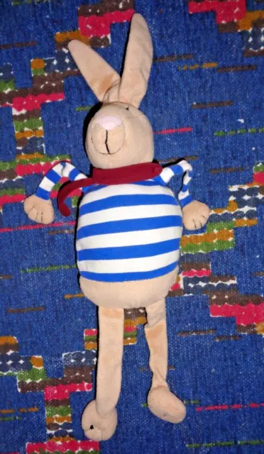 St5 / Doudou Peluche Bout'chou Monoprix Lapin Beige Bleu Blanc Raye Echarpe Tbe
