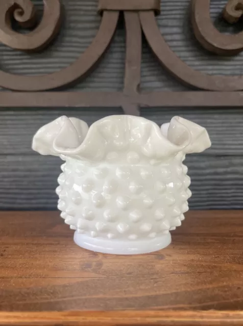 Vintage Milk Glass | Fenton Hobnail Ruffled Small Vase 3" High