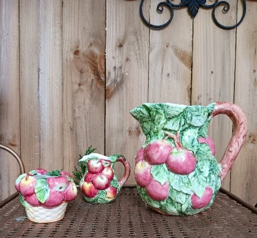 Vintage World Bazaar Pitcher Creamer Sugar  Bowl Apples  Leaves 7 3/4"