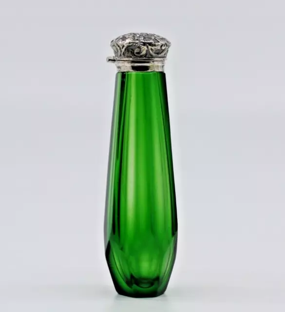 Antique Victorian Green Glass Overlay Silver topped Perfume Scent Bottle