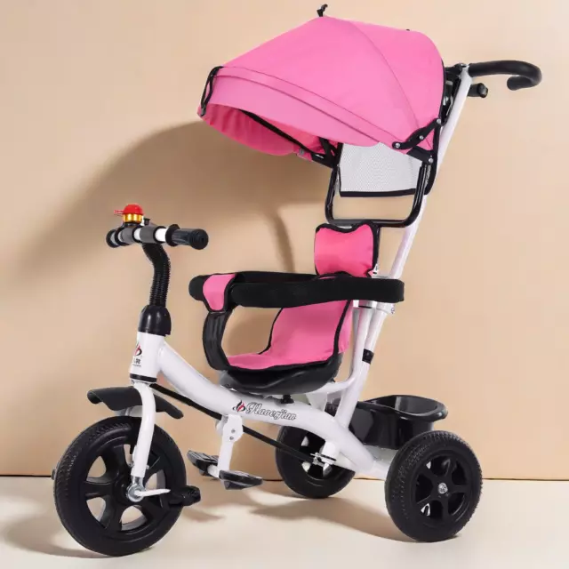 4 In1 Kids Stroller Toy Prams Tricycle Bike Baby Ride-On Trike With Safety Belt