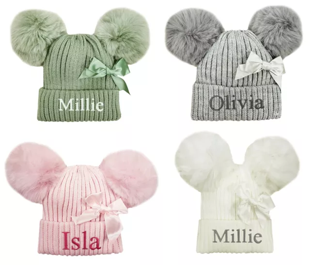 Personalised Baby Girl Knitted Hat Pom Pom Bow Hat Bobble Hat Shower Reveal Gift