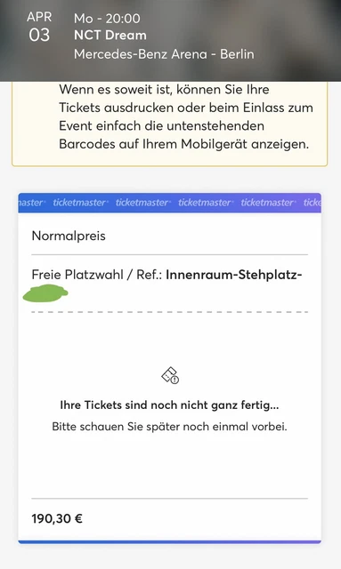 WTS 1 Parterre - Stehplatz Ticket NCT Dream The Dream Show 2 In Berlin