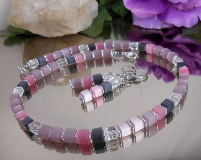 2er Set Halskette / Collier + Ohrringe Cat Eye Würfel Flieder Rosa Grau
