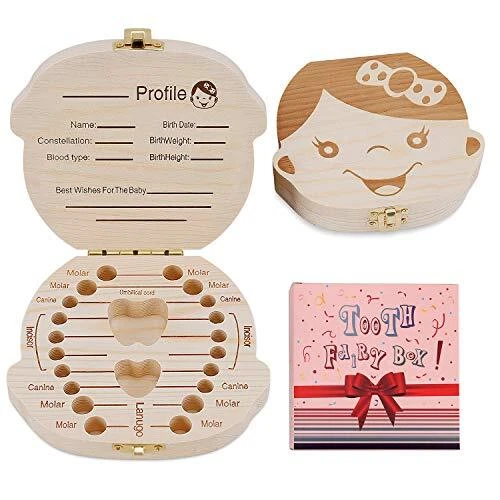 Baby Tooth Box by  - Wooden Kids Keepsake Organizer Gift for Baby Teeth, Girl