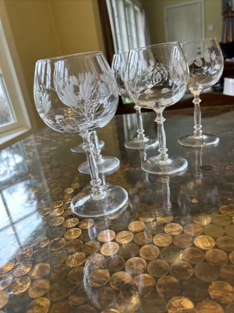 Vintage Floral Etched Clear Crystal Tulip Stemware Wine Glasses! Fostoria Maybe?