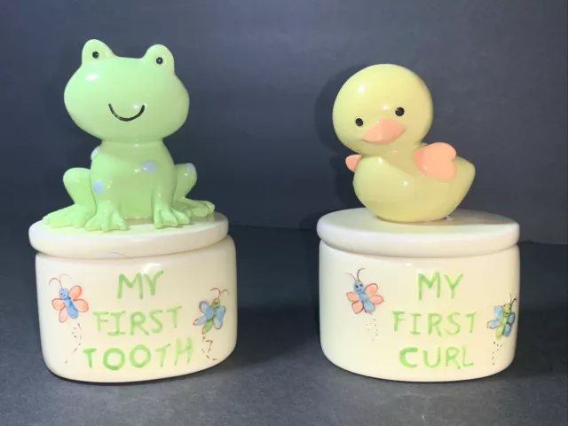 Ceramic My First Tooth & My First Curl Trinket Boxes Set - Frog & Duck - CUTE!