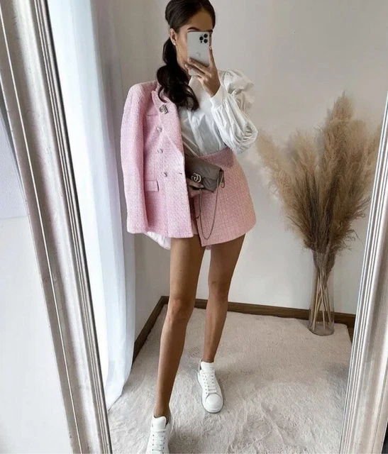 ENSEMBLE BLAZER ET jupe Zara rose texturé tweed co ord taille XS