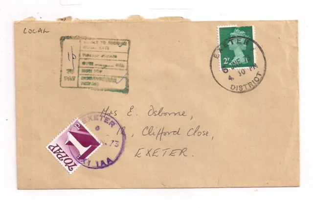 From & To Exeter Cover 1973 2p Stamp with 1p Postage Due Pay Info Box