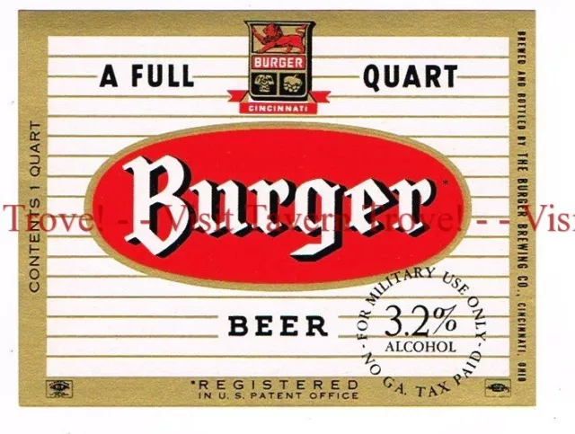 Unused 1960s OHIO Akron BURGER BEER 12oz 3.2% Military Use Beer Label