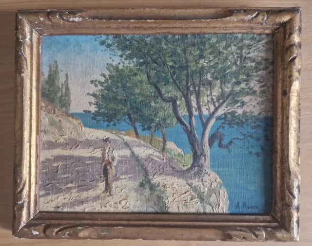 Peinture sur Bois - Tableau Peintre  - Paysage de campagne en bord de mer