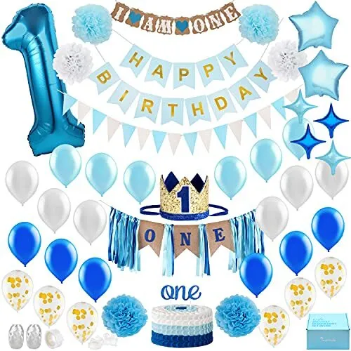 Baby Boy 1st Birthday Decorations With Birthday Crown - First Birthday Boy De...