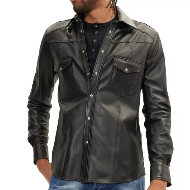 Men's Black Leather Shirt Genuine Soft Lambskin Motorcycle Casual Slim Fit Shirt