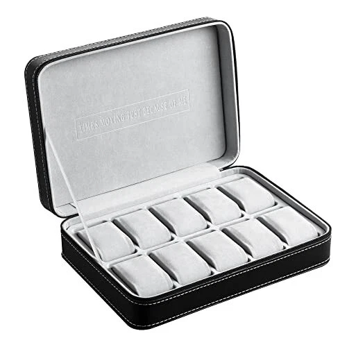 10 Slots Watch Box Zippered Travel Case Luxury PU Leather Watch Storag...