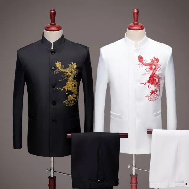 Mens Stand Collar Chinese Tunic Suit 2Pcs Ethnic Style Costume Embroidery Formal