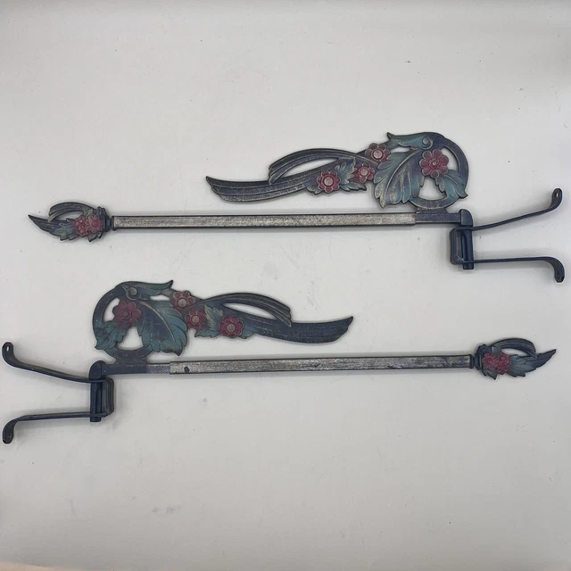 2 Metal Antique Vintage Drapery Swing Arm Curtain Rods Ornate Expands