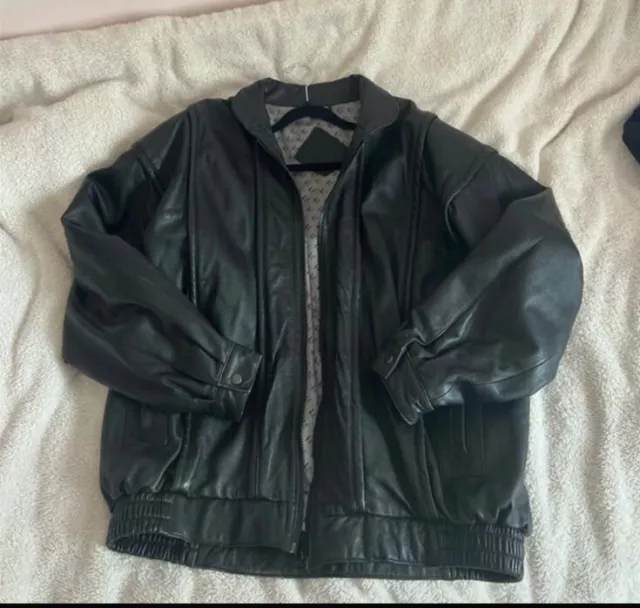 Men's Black Leather Bomber Jacket. Real leather. Size Large. Good condition