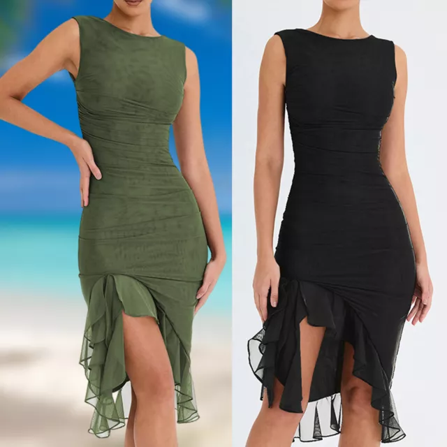 fr Bodycon Dress Round Neck Party Dress Ruffle Hem Backless Sexy for Cocktail Pa