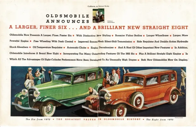 1932 OLDSMOBILE  Six & Eight Green Orange Sedan centerfold Vintage Print Ad